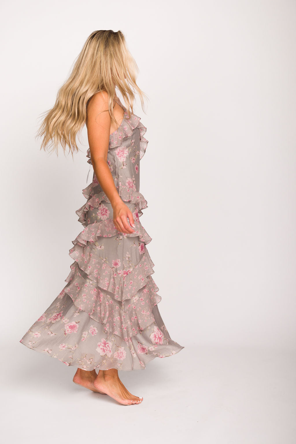 Amelia Ruffle Maxi Dress - Grey & Pink Floral Print Women's Summer Dress | Perfect for Beach Vacations, Weddings & Date Nights
