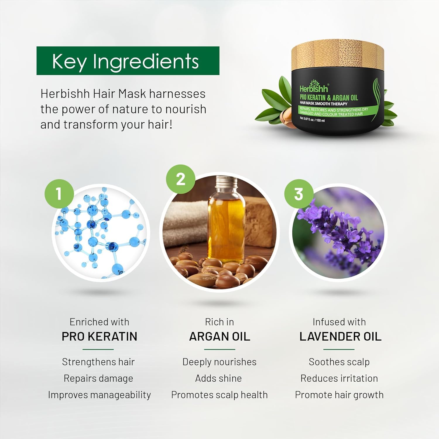 Herbishh Argan Oil Hair Mask - Deep Conditioning Treatment for Dry, Damaged Hair | Hydrating & Nourishing Hair Care 150ml + Curly Hair Shampoo & Conditioner Set | For Smooth, Shiny & Frizz-Free Hair at Home or Salon