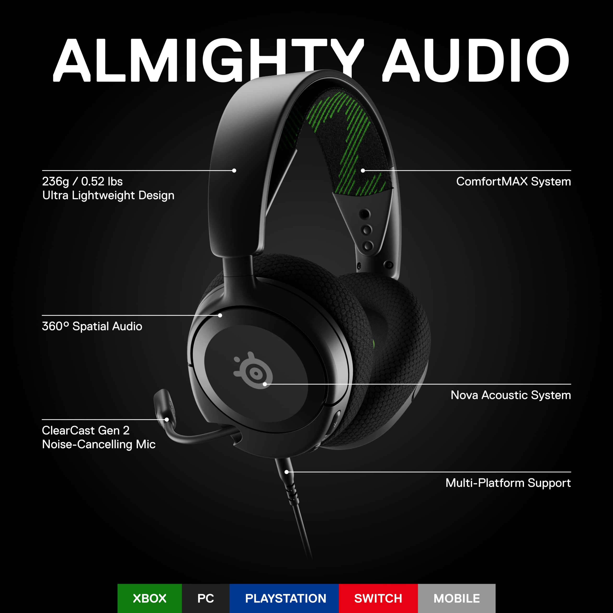 SteelSeries Arctis Nova 1X Wireless Gaming Headset with Signature Arctis Sound & ClearCast Gen 2 Mic - Compatible with Xbox Series X/S, PS5, Nintendo Switch, PC & Mobile - Perfect for Competitive Gaming, Streaming & Online Chat