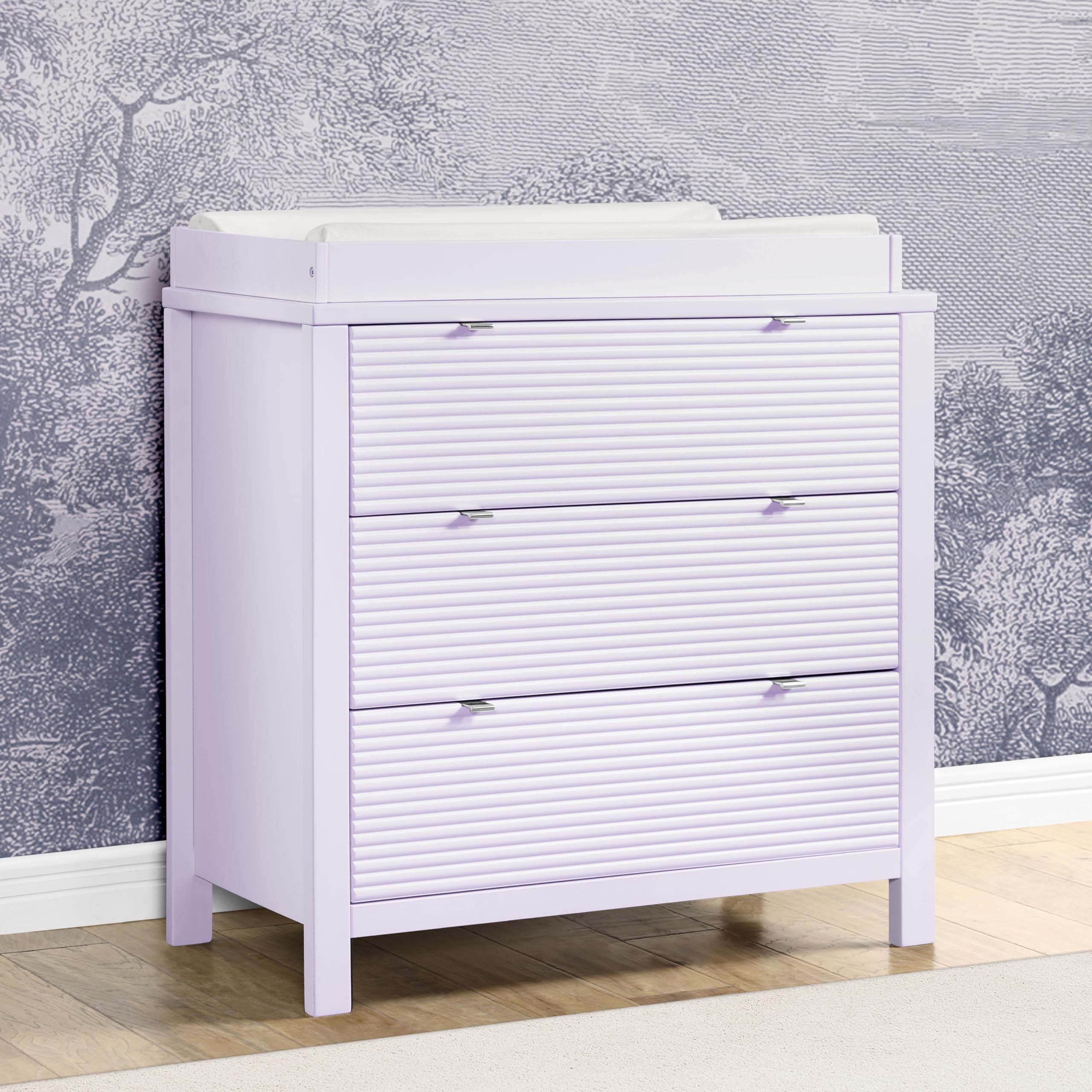 Delta Children Cassie 3-Drawer Dresser with Changing Table Top & Safety Interlocking Drawers - Nursery Storage Solution for Baby Clothes, Diapers & Essentials (Lilac) | Perfect for Newborns & Toddlers Bedroom Organization