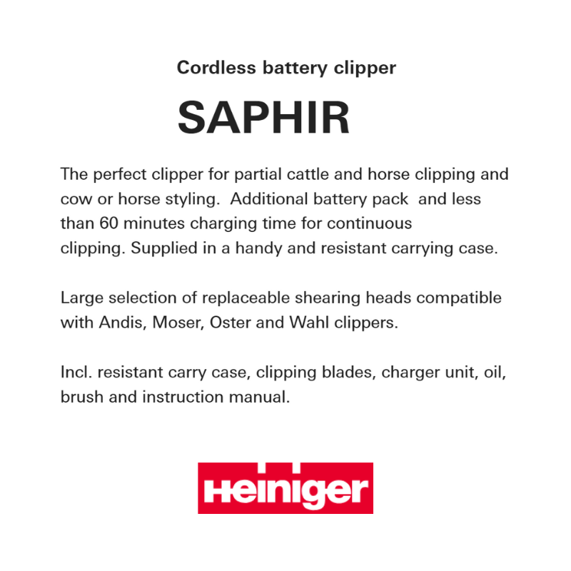 Heiniger Saphir Cordless Clipper with Double Battery (154400) - Professional Pet Grooming Clippers for Dogs, Cats & Livestock - Perfect for Home & Salon Use