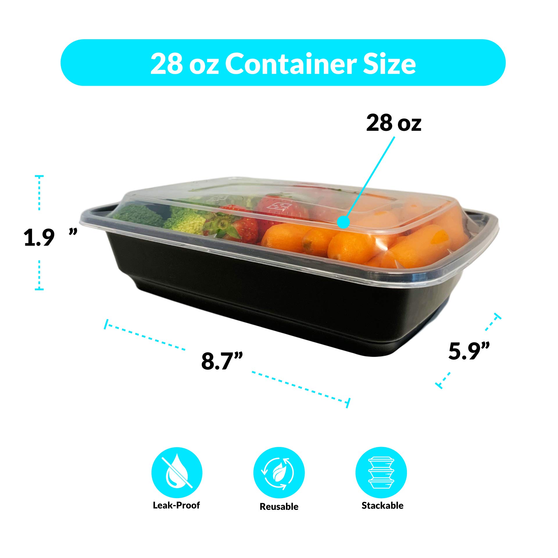 28 oz Meal Prep Containers with Lids - 50 Pack | Microwave Safe Disposable Food Storage Containers | BPA-Free Plastic | Perfect for Leftovers, Takeout, Lunch & Meal Planning | Ideal for Office, School, Picnics & Food Delivery Services