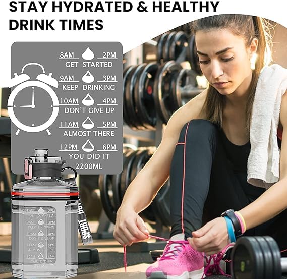 AWOKZA 2.2L/64oz Large Water Bottle with Time Marker - BPA Free, Leakproof Reusable Gallon Jug with Handle, Strap & Chug Lid - Perfect for Gym, Sports, Hiking, Travel and Outdoor Activities (Black)