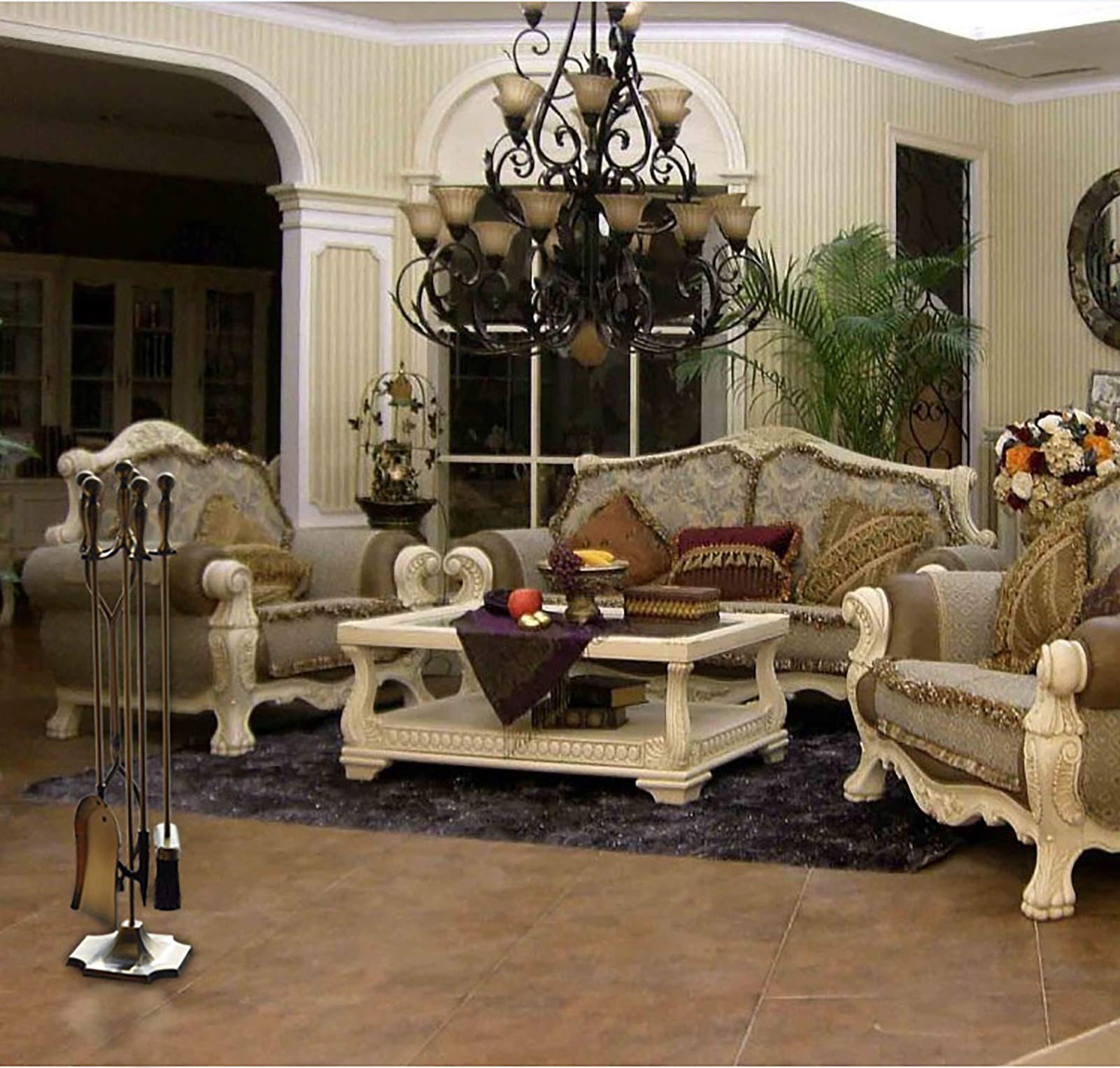 Antique Brass Fireplace Tool Set (5-Piece) - Wrought Iron Fireplace Accessories with Stand - Includes Tongs, Shovel, Brush & Poker - Perfect for Fireplace Maintenance & Home Decor