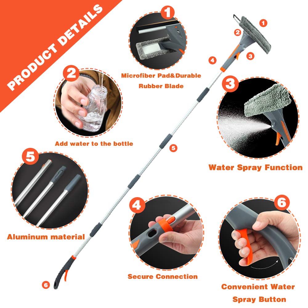 2022 Upgraded 3-in-1 Extendable Window Squeegee with Spray - 76'' Adjustable Window Cleaner Kit for Indoor & Outdoor High Windows (Includes 2 Pads) - Perfect for Hard-to-Reach Windows, Balcony Glass & Skylight Cleaning