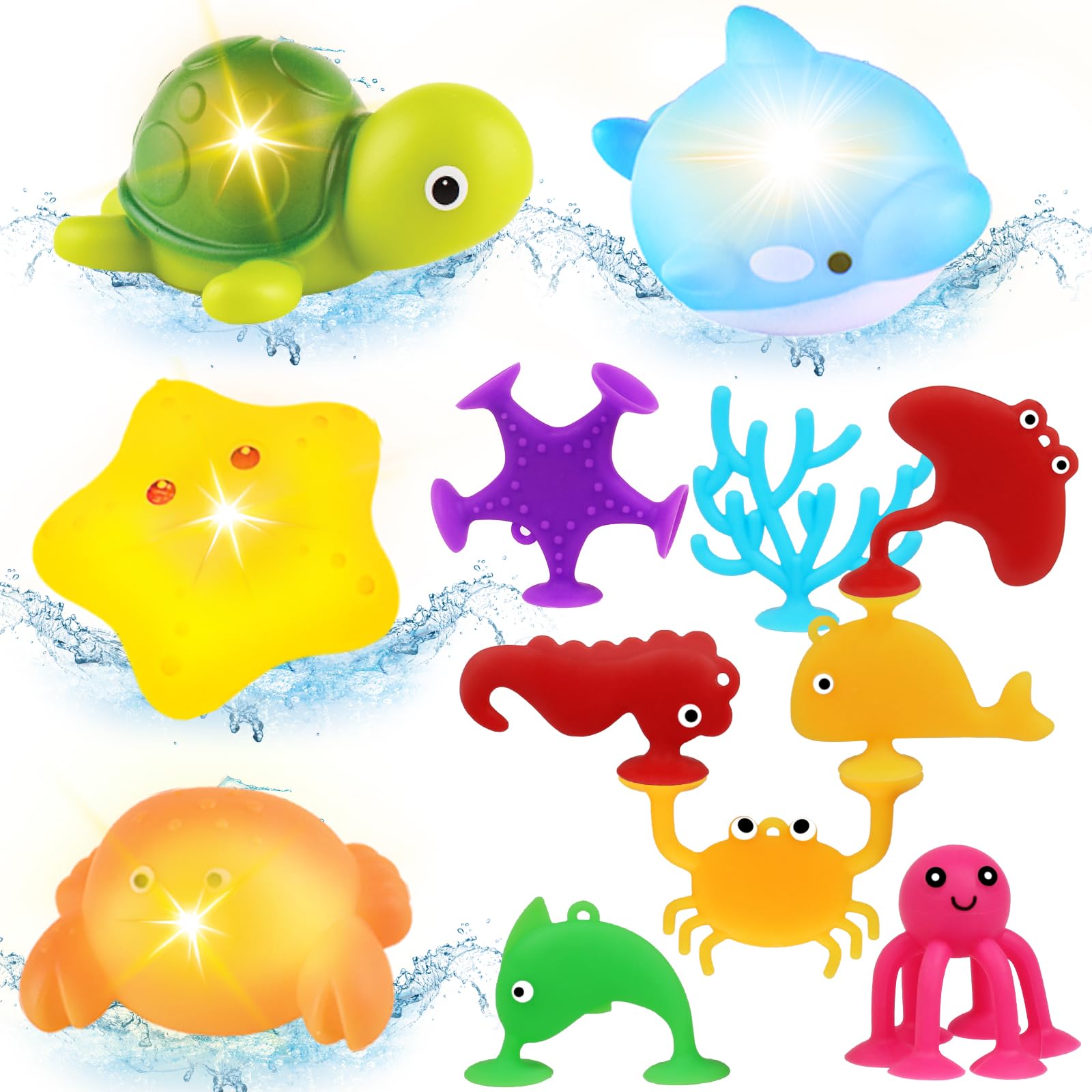 13-Piece Light Up Baby Bath Toys with Suction Cups - No Hole Bathtub Toys for Toddlers 6-12 Months & Kids 1-8 Years - Perfect for 1 2 3 Year Old Boys & Girls - Fun Stocking Stuffers & Sensory Play in Tub