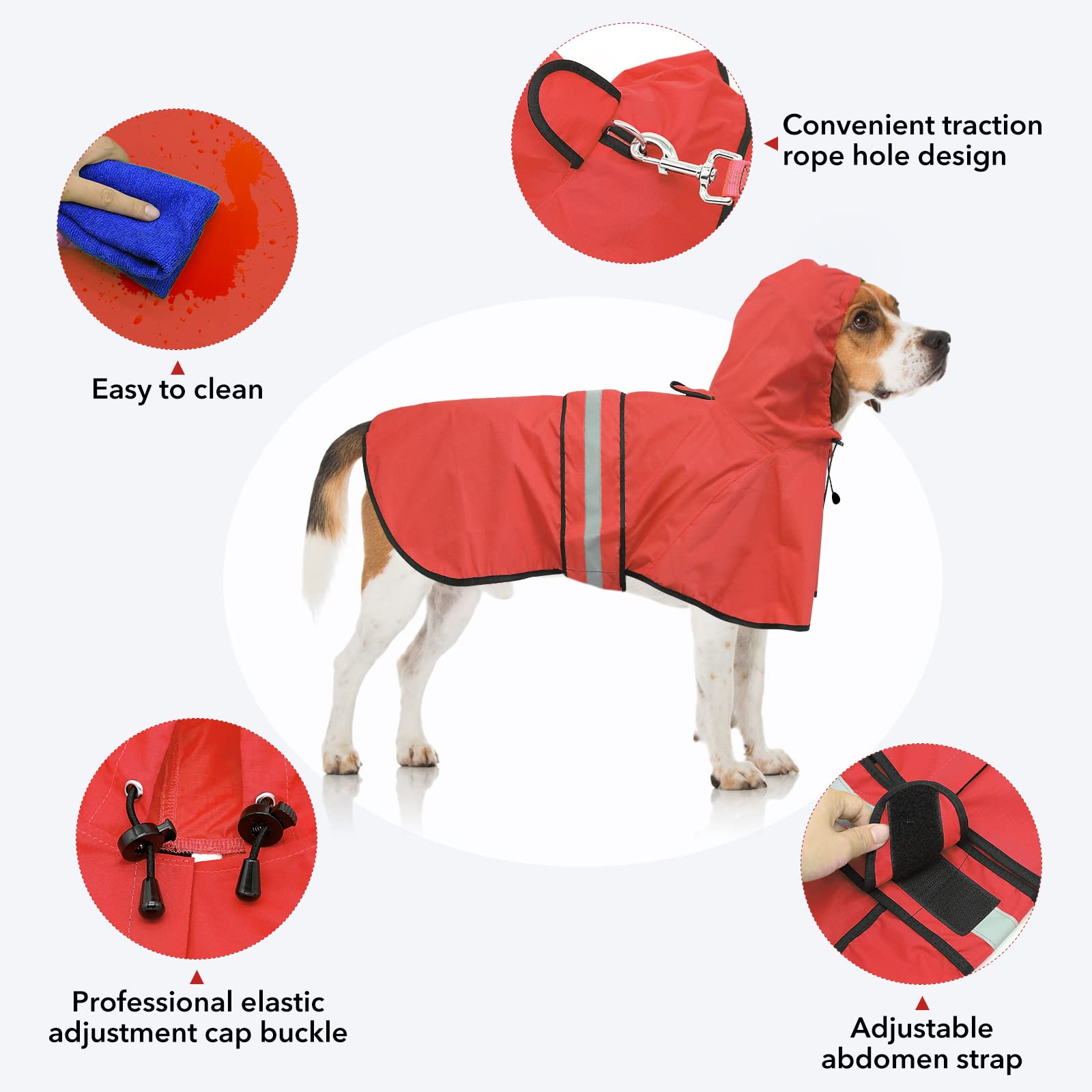 Waterproof Reflective Dog Raincoat - Adjustable Lightweight Pet Rain Jacket with Hood for Small to X-Large Dogs | Outdoor Walking & Rainy Day Protection (Red, Small)