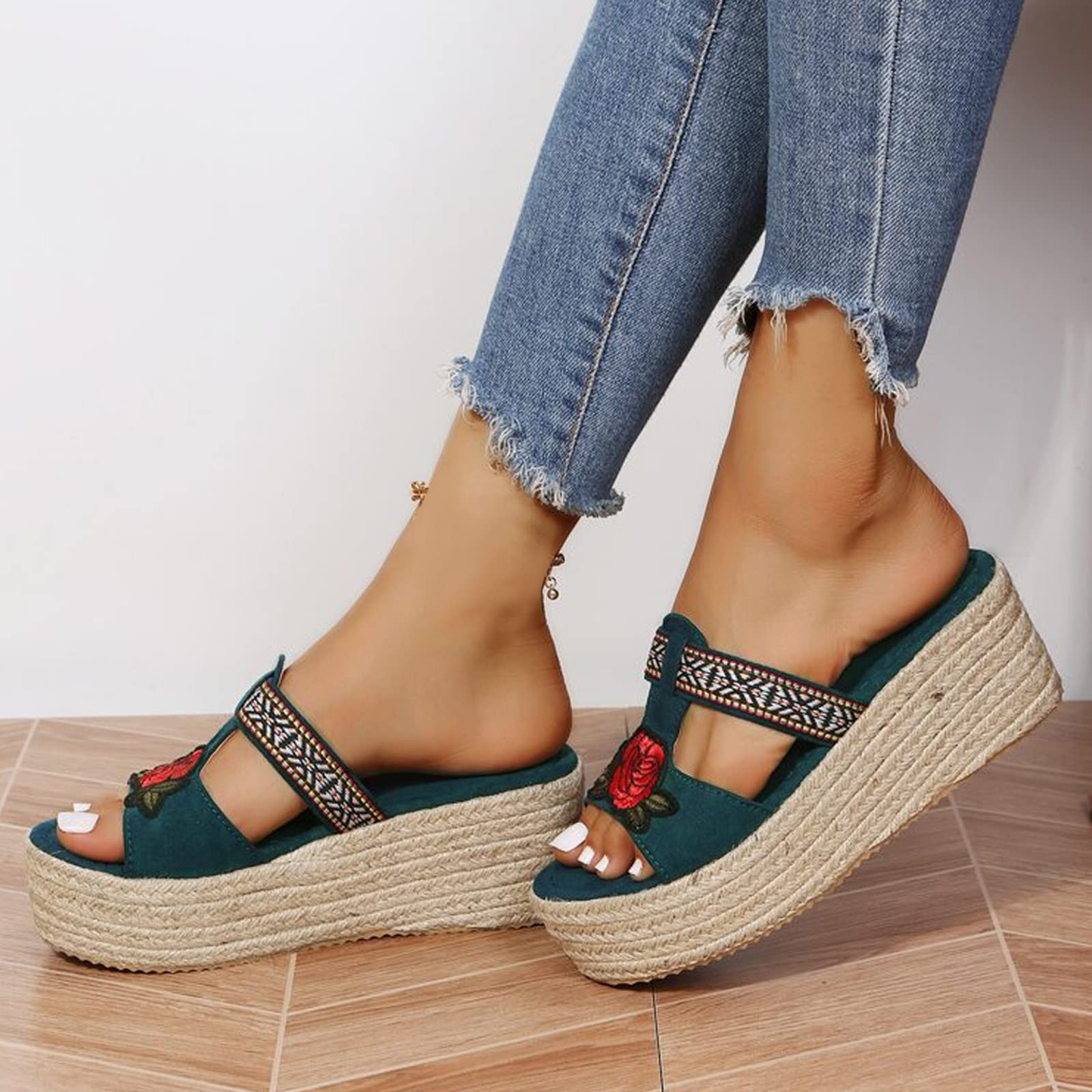 Women's Embroidered Rose Espadrille Wedge Slide Sandals - Open Toe Summer Beach Sandals for Ladies, Perfect for Vacation, Poolside, and Casual Outings