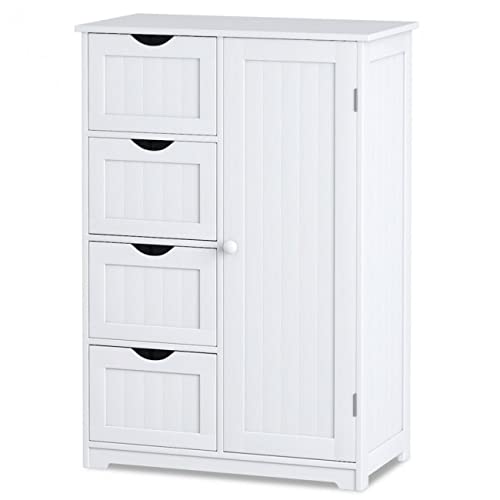 White Wooden Bathroom Storage Cabinet - 4 Drawer Free Standing Floor Organizer with Adjustable Shelf | Perfect for Bathroom, Bedroom & Closet Organization