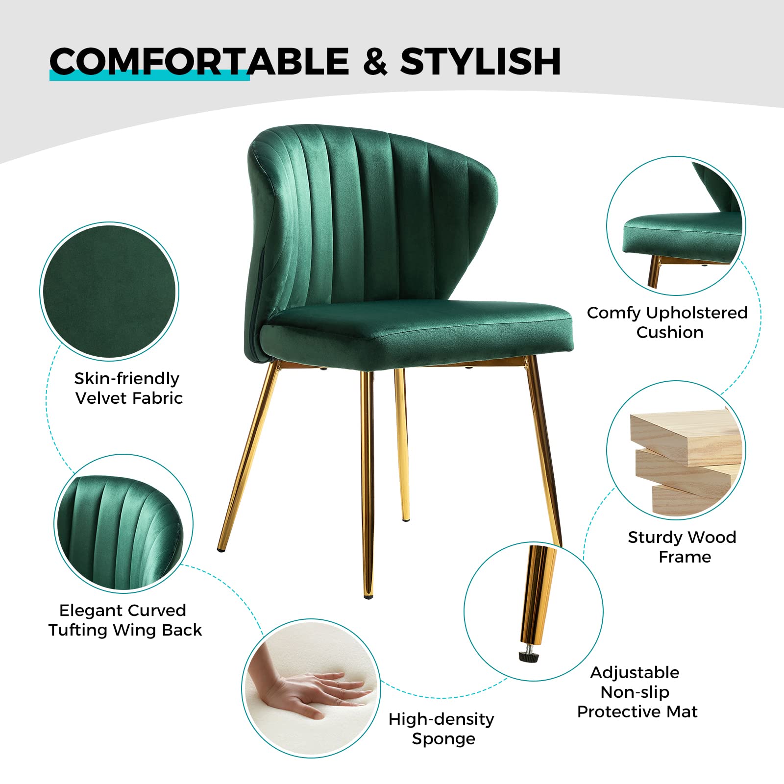 Modern Velvet Dining Room Chairs with Golden Metal Legs - Upholstered Tufted Accent Chair for Kitchen, Vanity, Patio & Beauty Room (Green, 1-Pack) - Perfect for Small Spaces, Home Decor & Stylish Seating