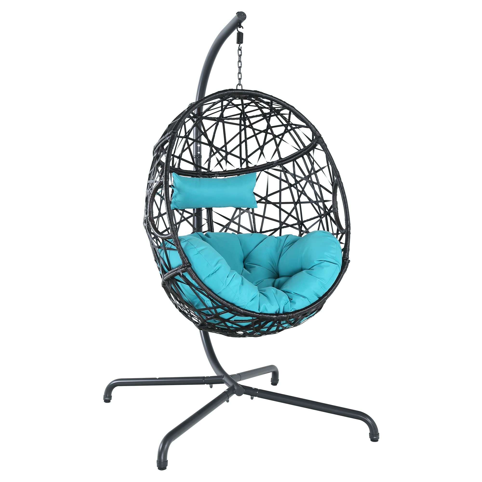 Outdoor Wicker Hanging Egg Chair with Cushion & Stand - Blue Patio Swing Hammock for Garden, Balcony, or Backyard Relaxation