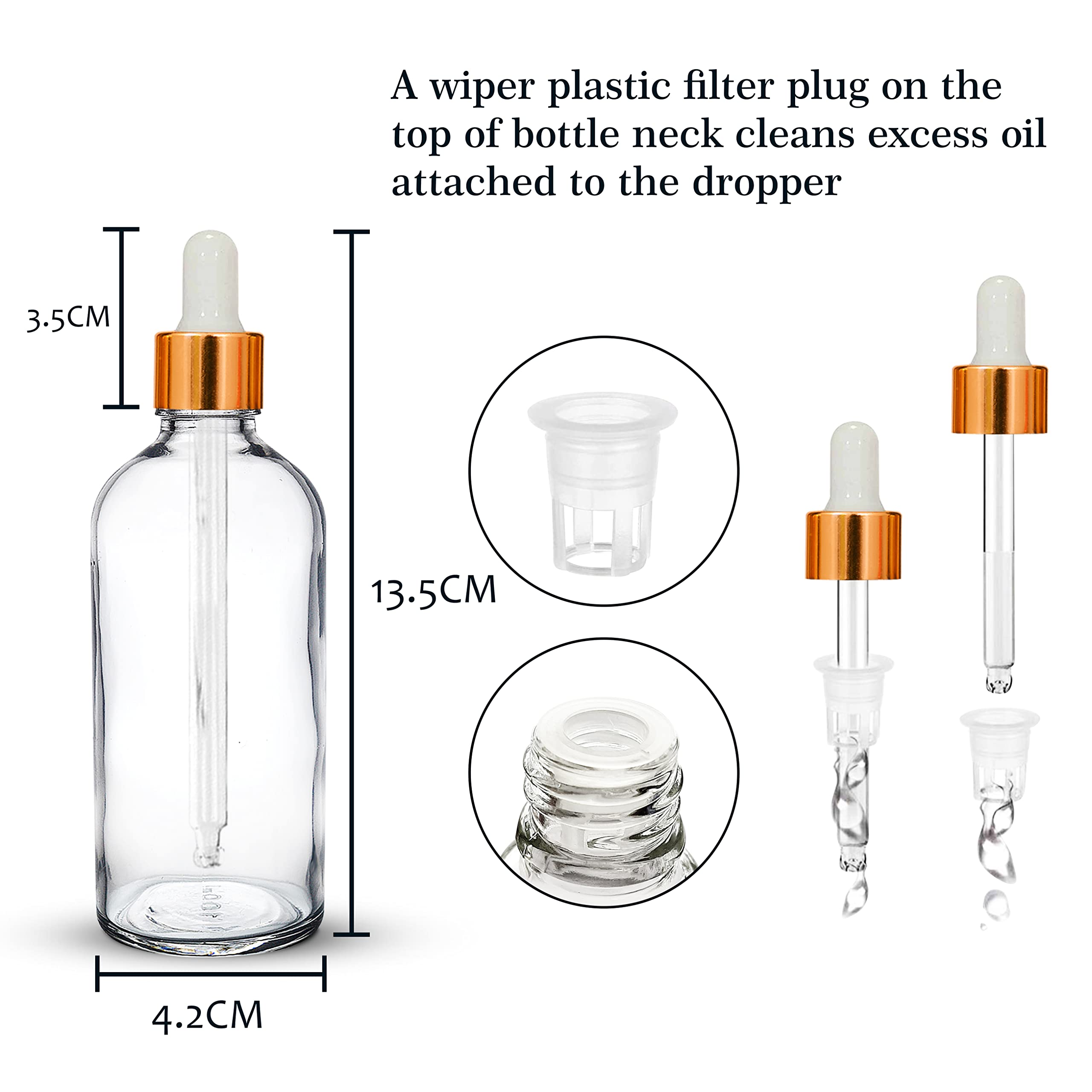 NSB Herbals 100ml Clear Round Empty Glass Bottle with Glass Dropper, Golden Ring & White Silicone Teat - Refillable for Essential Oils, Perfumes, DIY Beauty (Pack of 1) | Perfect for Aromatherapy, Travel & Home Fragrance