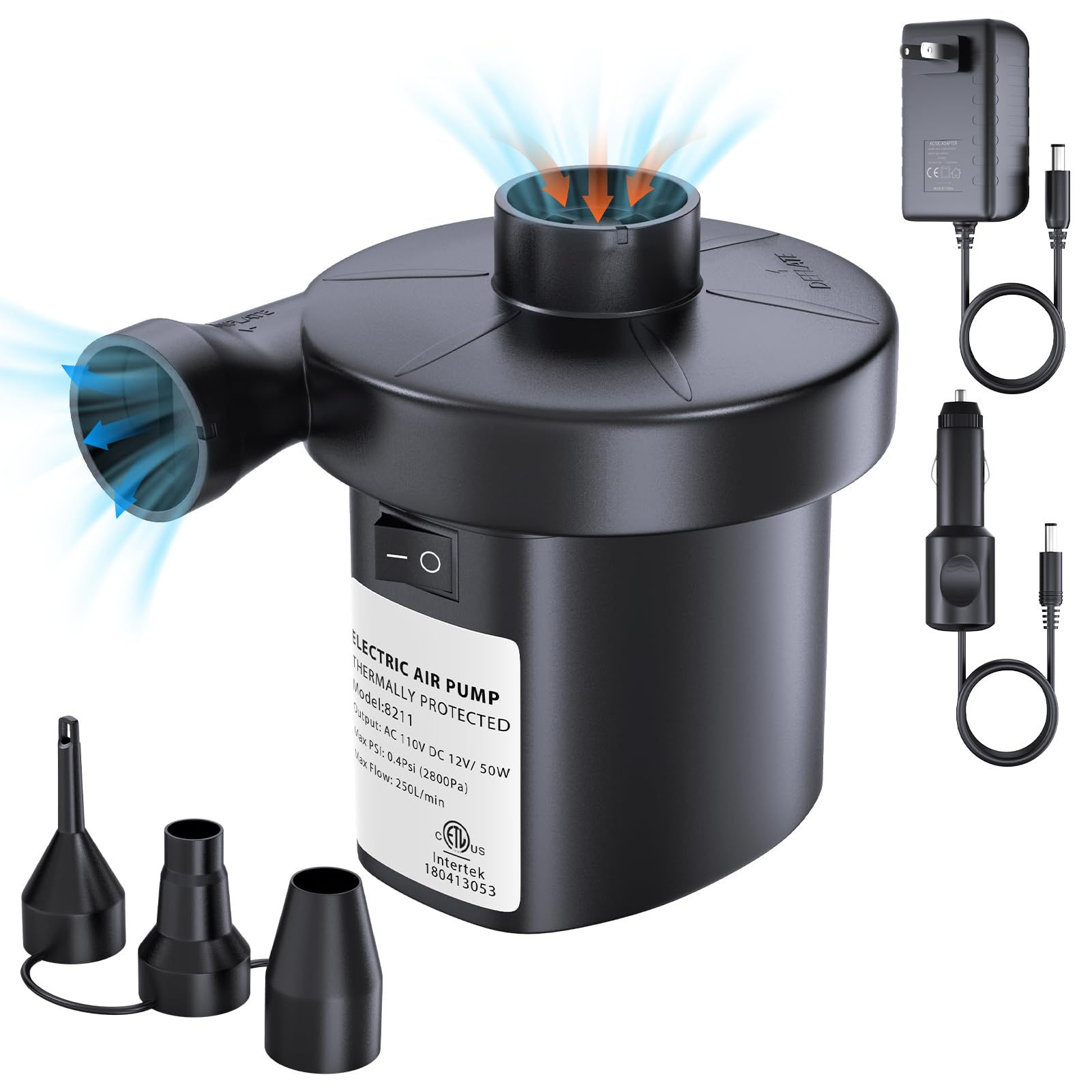 **PULIDIKI 50W Electric Air Pump for Inflatables - Portable Quick Inflator/Deflator with 3 Nozzles - Ideal for Air Mattress, Air Sofa, Pool Toys - Perfect for Camping, Travel & Home Use (AC/DC Power)**