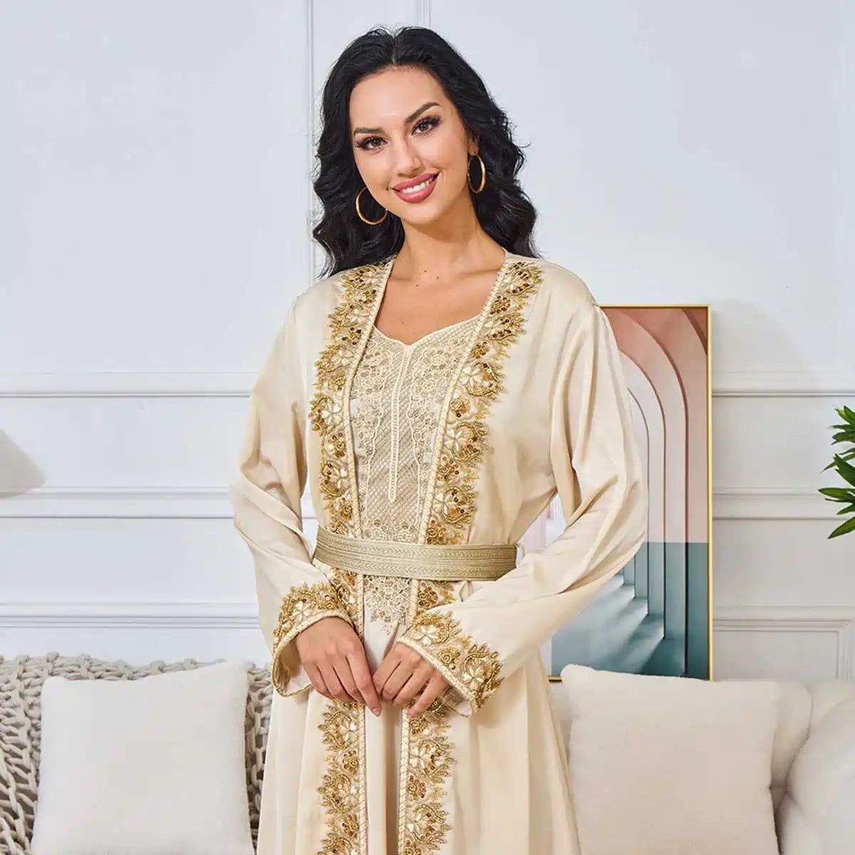 Elegant Beaded 2-Piece Eid Dress Set - Flowy Caftan Kaftan with Sleeveless Inner Dress #25269 | Perfect for Eid Celebrations, Weddings & Special Occasions