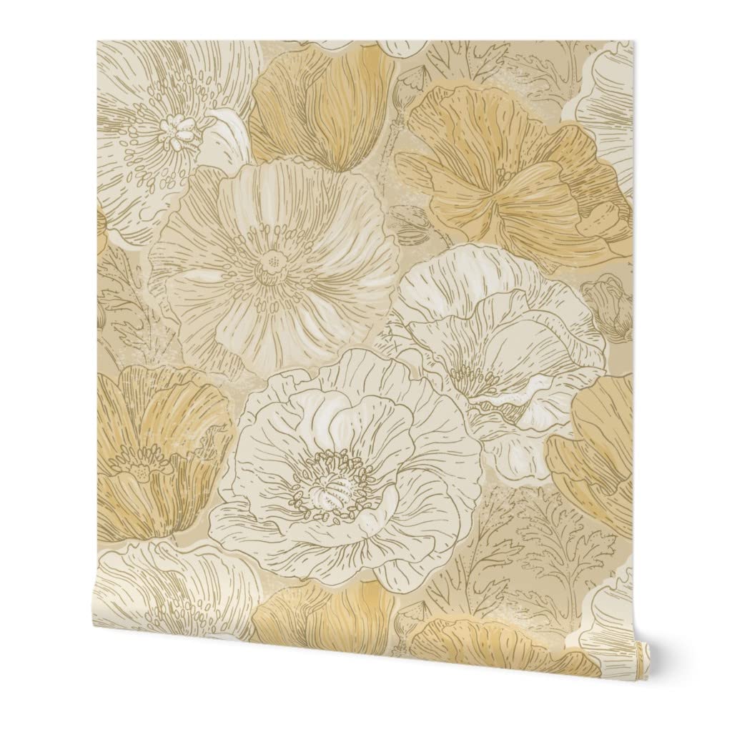 Removable Wallpaper Swatch - Poppies Flowers Floral Romantic Neutral Garden Custom Pre-Pasted Wallpaper by Spoonflower | Perfect for Nursery, Bedroom, Living Room & Office Decor