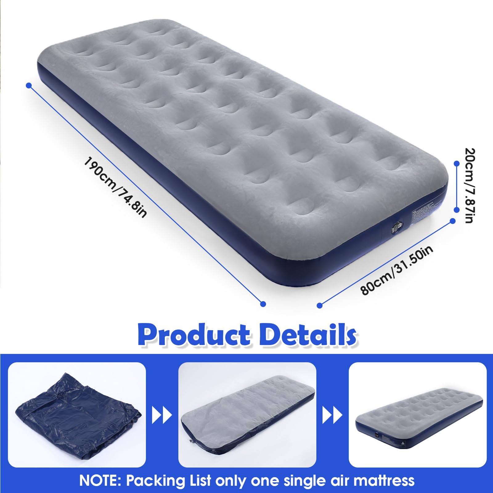 **Inflatable Camping Air Mattress - 2 Pack Navy Blue Flocked Surface Air Bed for Outdoor, Travel & Guest Use - Portable Sleeping Pad for Tents, RV & Home**    *(Perfect for Camping Trips, Backpacking, Sleepovers & Emergency Guest Beds)*