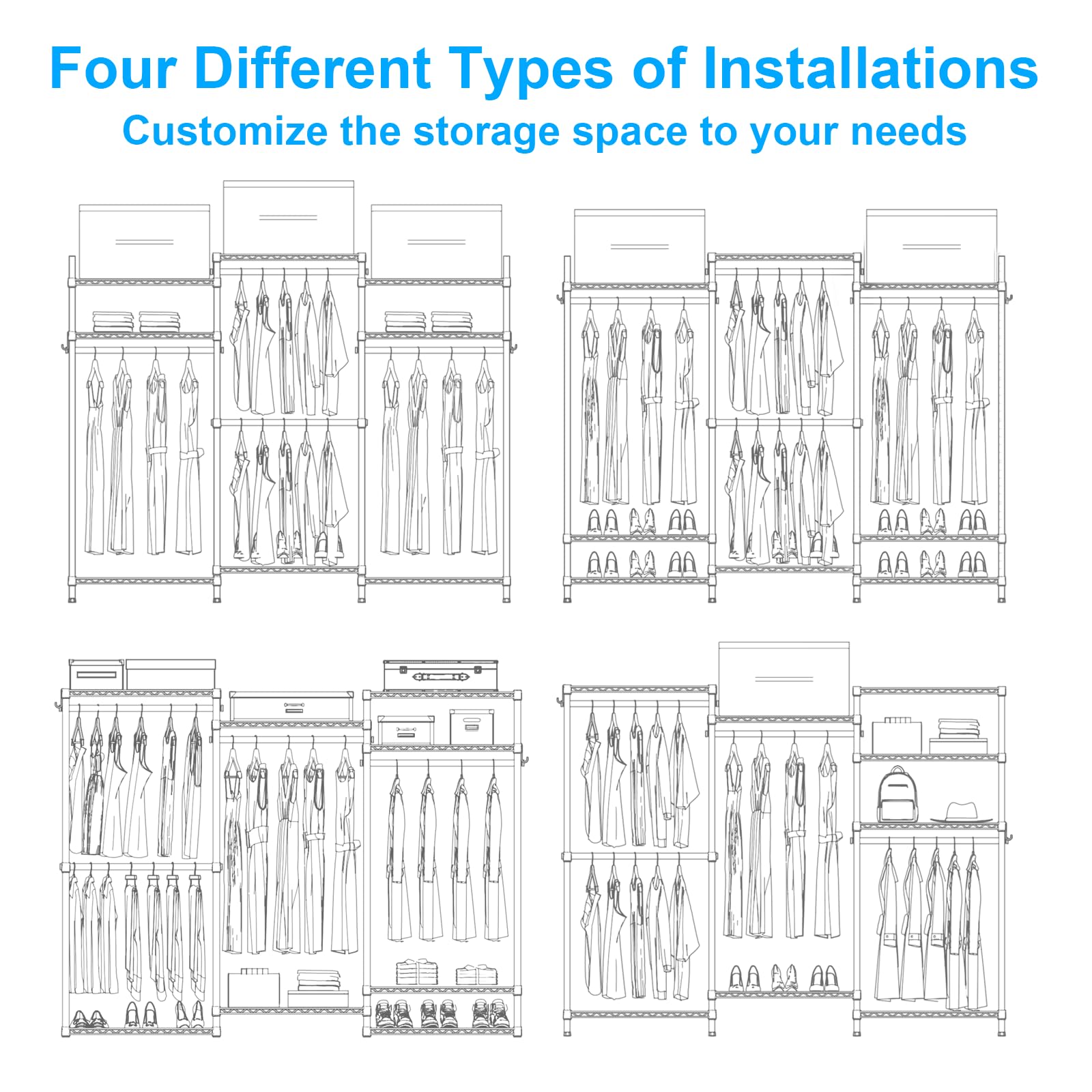 Ulif E13 Heavy Duty Clothes Rack with 4 Hanger Rods & 8 Shelves - Freestanding Adjustable Metal Garment Rack (63