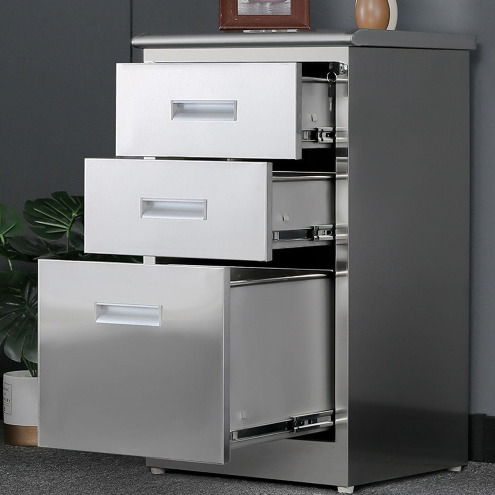 Stainless Steel File Cabinet with Lock - Under Desk Mobile Storage for Home Office, Garage Tool Chest & Metal Medicine Cabinet | Perfect for Warehouse, Repair Shop, Home Organization & Office Supplies