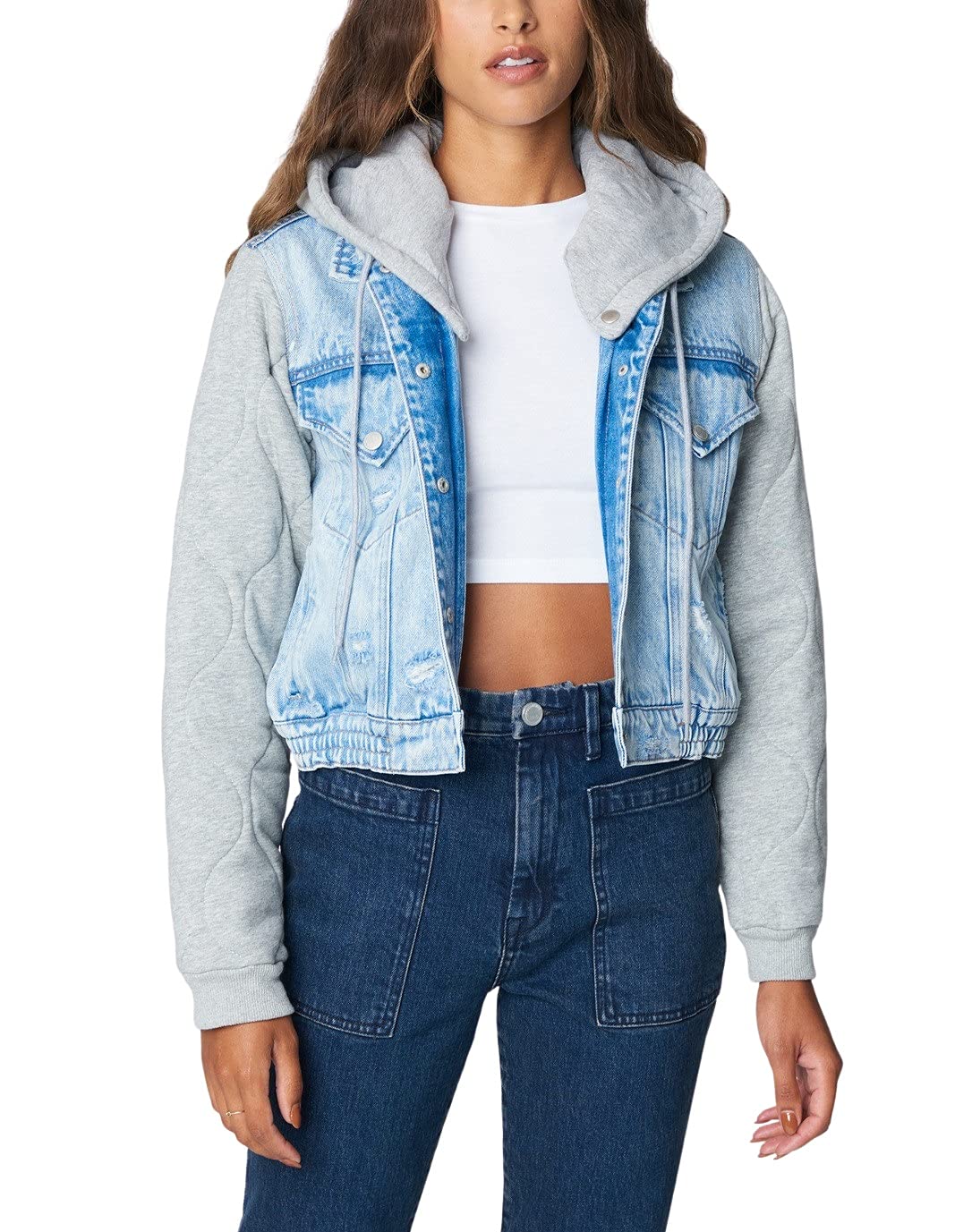 BLANKNYC Men's Luxury Denim Trucker Jacket with Removable Hood - Stylish Casual Outerwear for Everyday Wear & Street Fashion