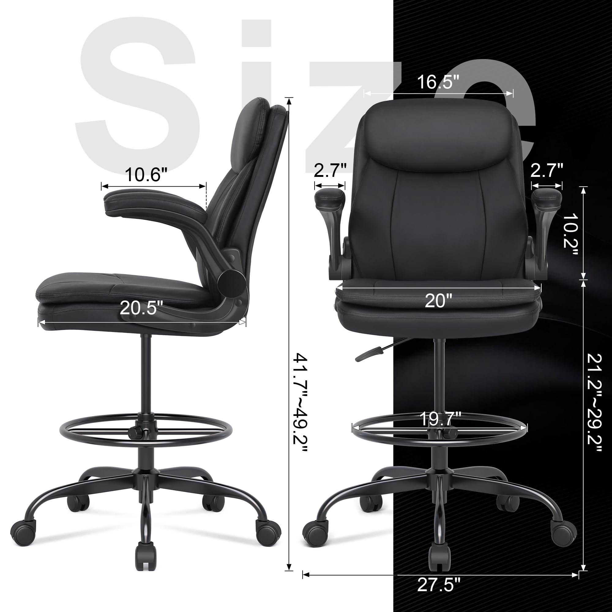 Misolant Adjustable Height Drafting Chair - Ergonomic High Office Chair for Standing Desks, Leather Executive Chair with Flip-Up Armrests - Perfect for Architects, Artists & Counter Height Workspaces