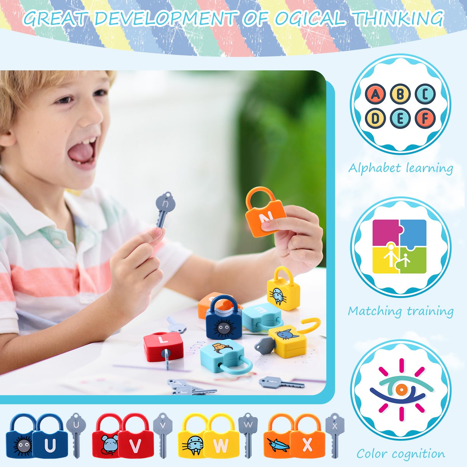 Montessori Alphabet Learning Locks & Keys - 36 Sets Educational Toys for Kids, Numbers Matching Counting Games for Preschool Boys & Girls - Perfect for Homeschooling, Classroom Activities & Early Childhood Development