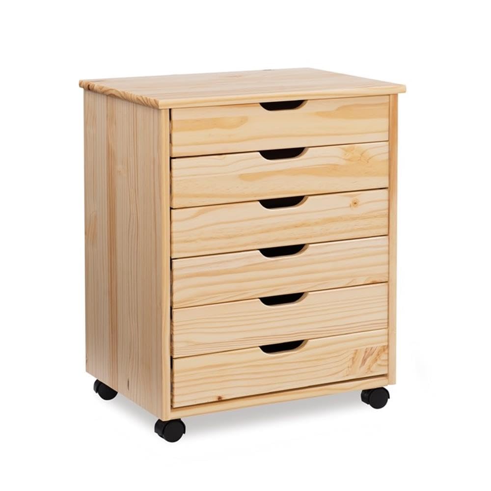 Natural Wood 6-Drawer Wide Rolling Cart with Wheels - Perfect for Office, Kitchen, Bathroom & Bedroom Storage Organization