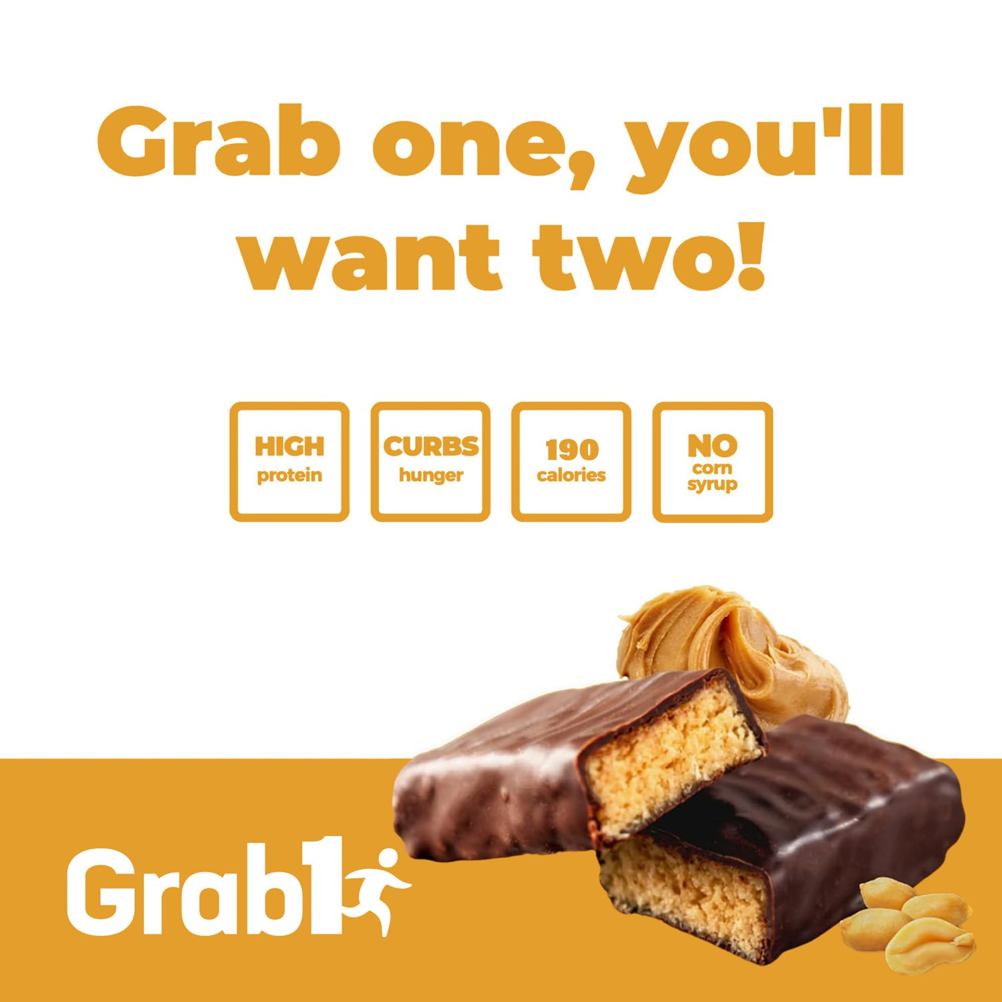 Grab1 Peanut Butter Protein Bars - 15g Protein per Bar (2 Pack, 10 Bars) | Low Calorie, Kosher Certified | Hunger Control Snack | Meal Replacement for Workout, Hiking & Office | Healthy Nutrition for Active Lifestyle