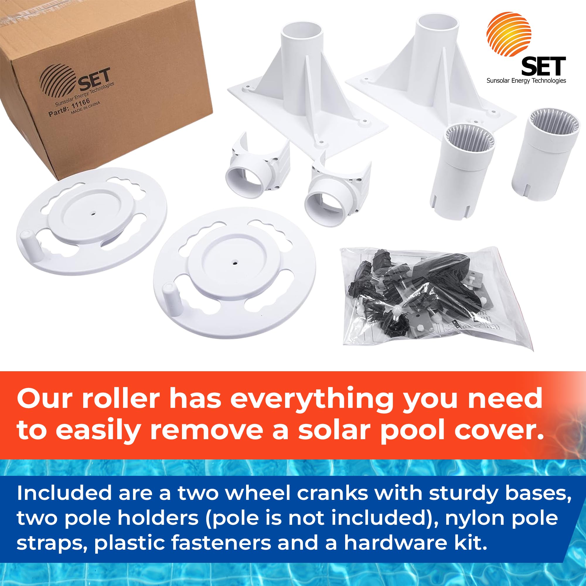 SunSolar Solar Cover Reel Kit for In-Ground Pools - Heavy Duty Plastic Wheel Cranks for Easy Pool Cover Rolling - Includes Straps & Clamps - Fits 3-Inch Pole (Pole Not Included) - Perfect for Backyard, Residential & Commercial Pool Maintenance
