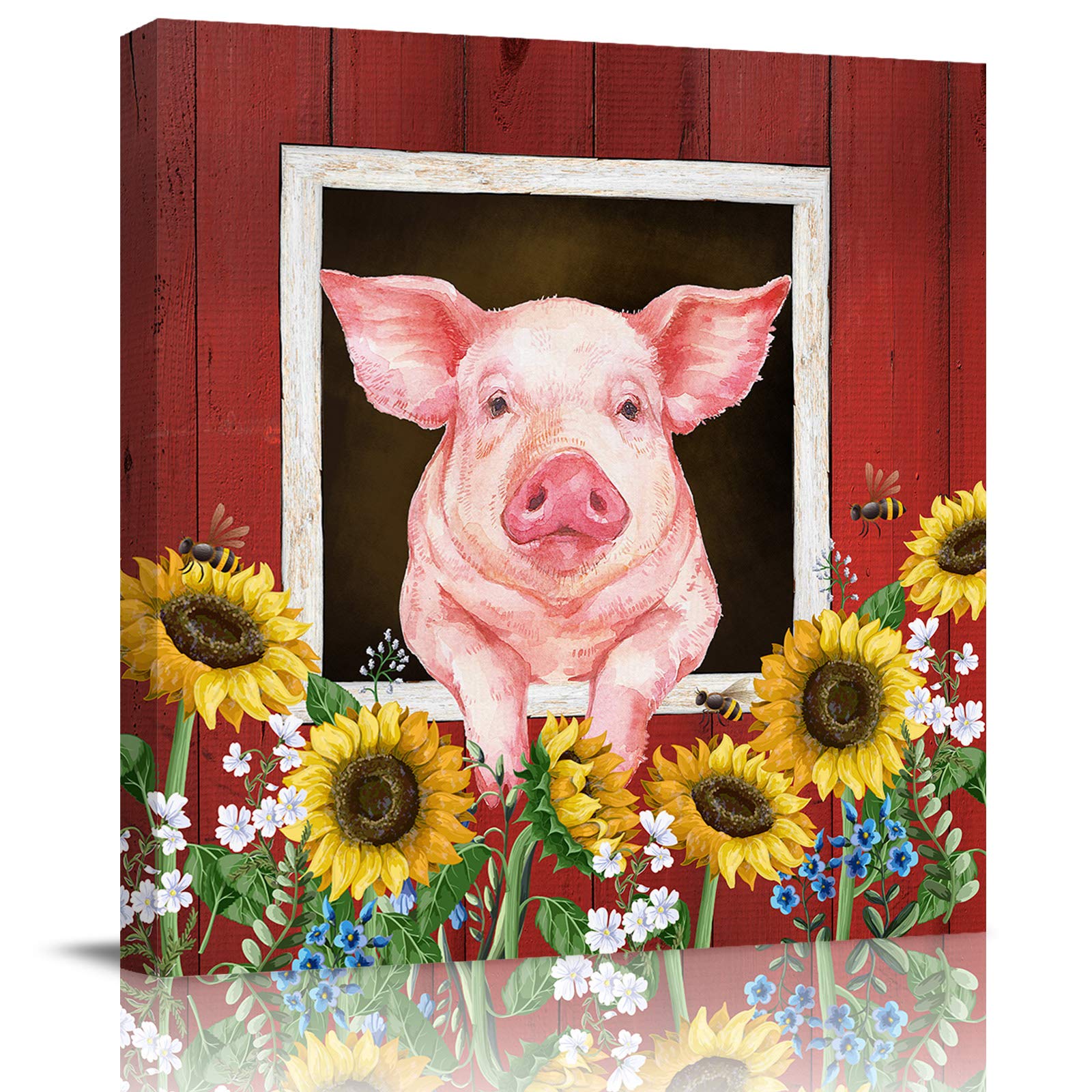Farmhouse Sunflower Pig Canvas Wall Art - 12x12 Inch Framed Painting for Kitchen & Living Room Decor - Cute Farm Animals, Barn Wooden Plank Design - Perfect for Rustic Home Decor, Country Style Interiors & Ready to Hang Wall Decorations