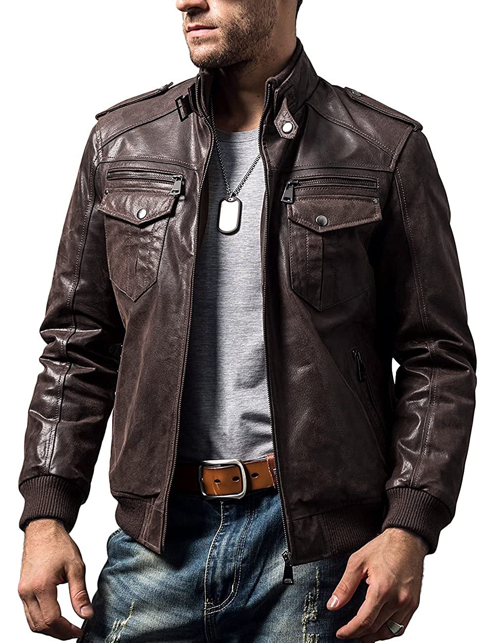 FLAVOR Men's Retro Brown Leather Motorcycle Jacket - Genuine Biker Jacket for Riding & Casual Wear - Perfect for Motorcycle Enthusiasts & Vintage Style Lovers