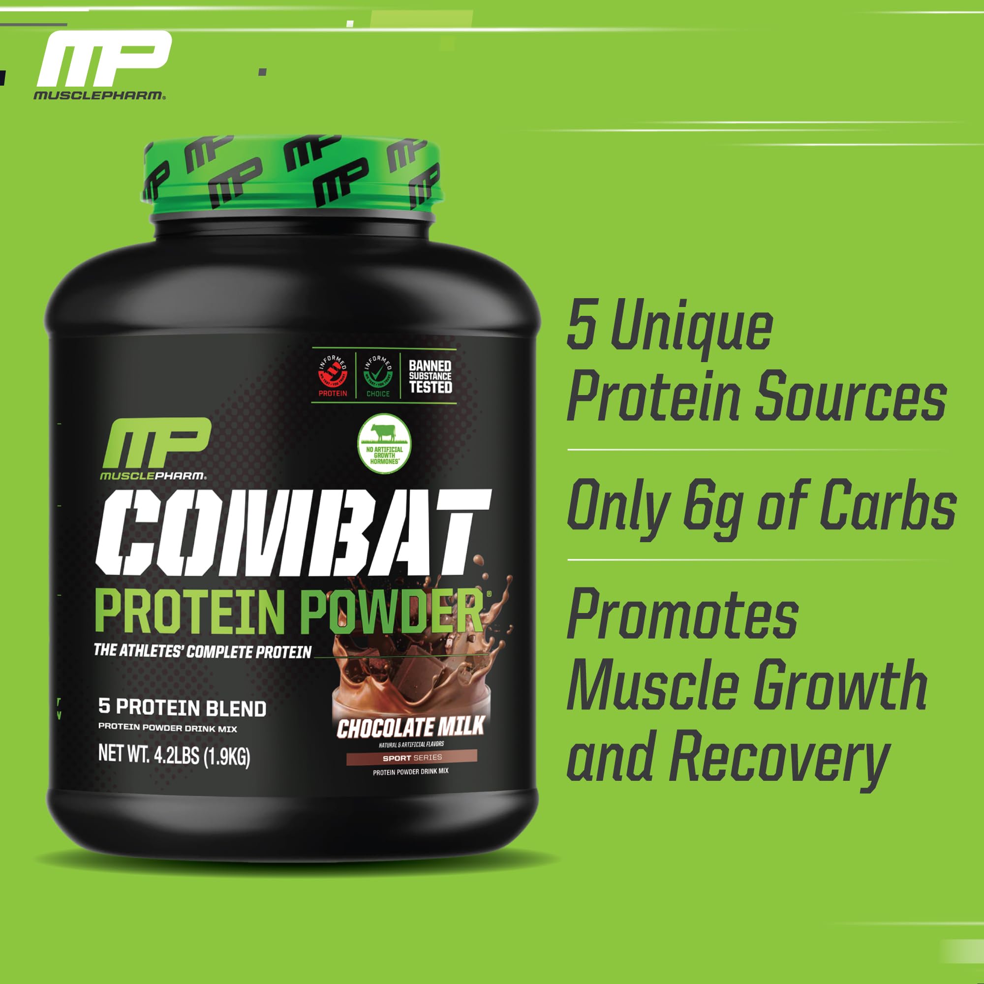 MusclePharm Combat Protein Powder - Chocolate Milk Flavor | 5 Protein Sources (Whey Isolate & Egg Albumin) | Gluten Free | 4.2lb (52 Servings) | Post-Workout Recovery & Muscle Growth Supplement for Athletes & Fitness Enthusiasts