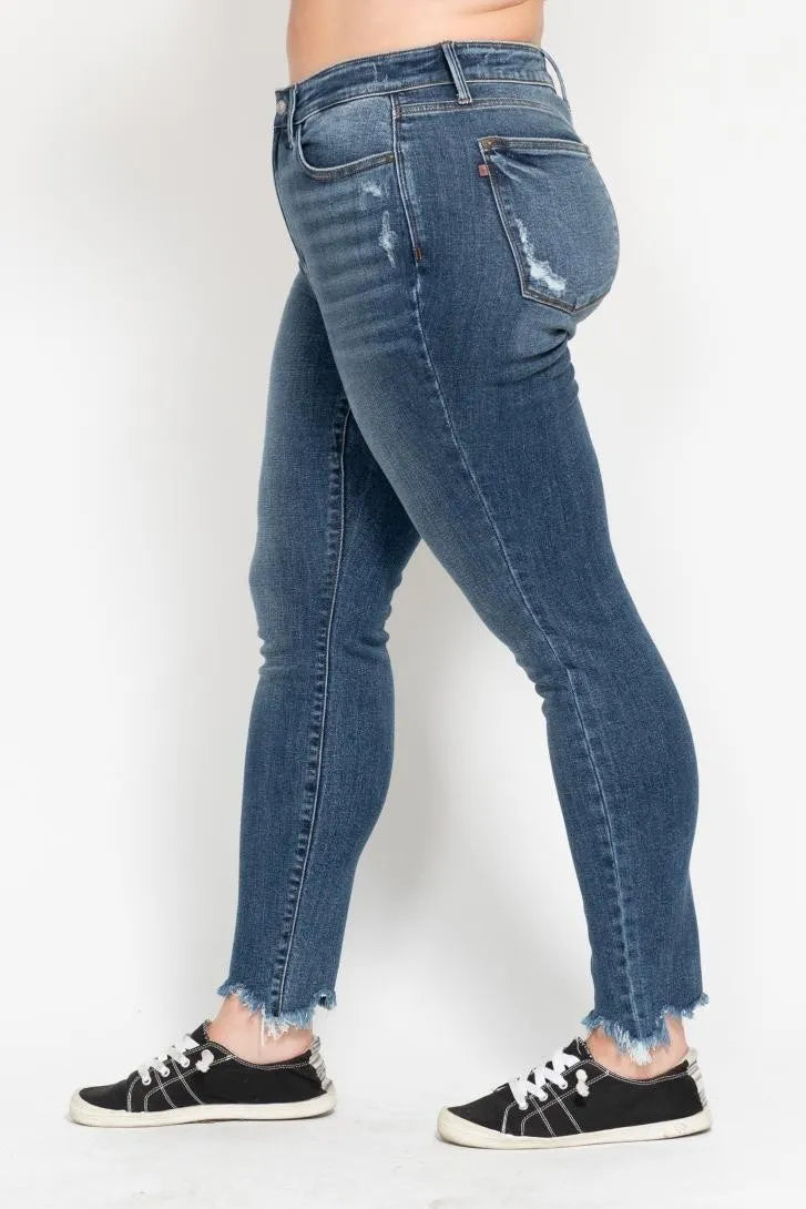 Judy Blue Plus Size High Waist Skinny Jeans with Distressed & Shark Bite Hem - Trendy Women's Denim Pants for Casual Wear & Night Out