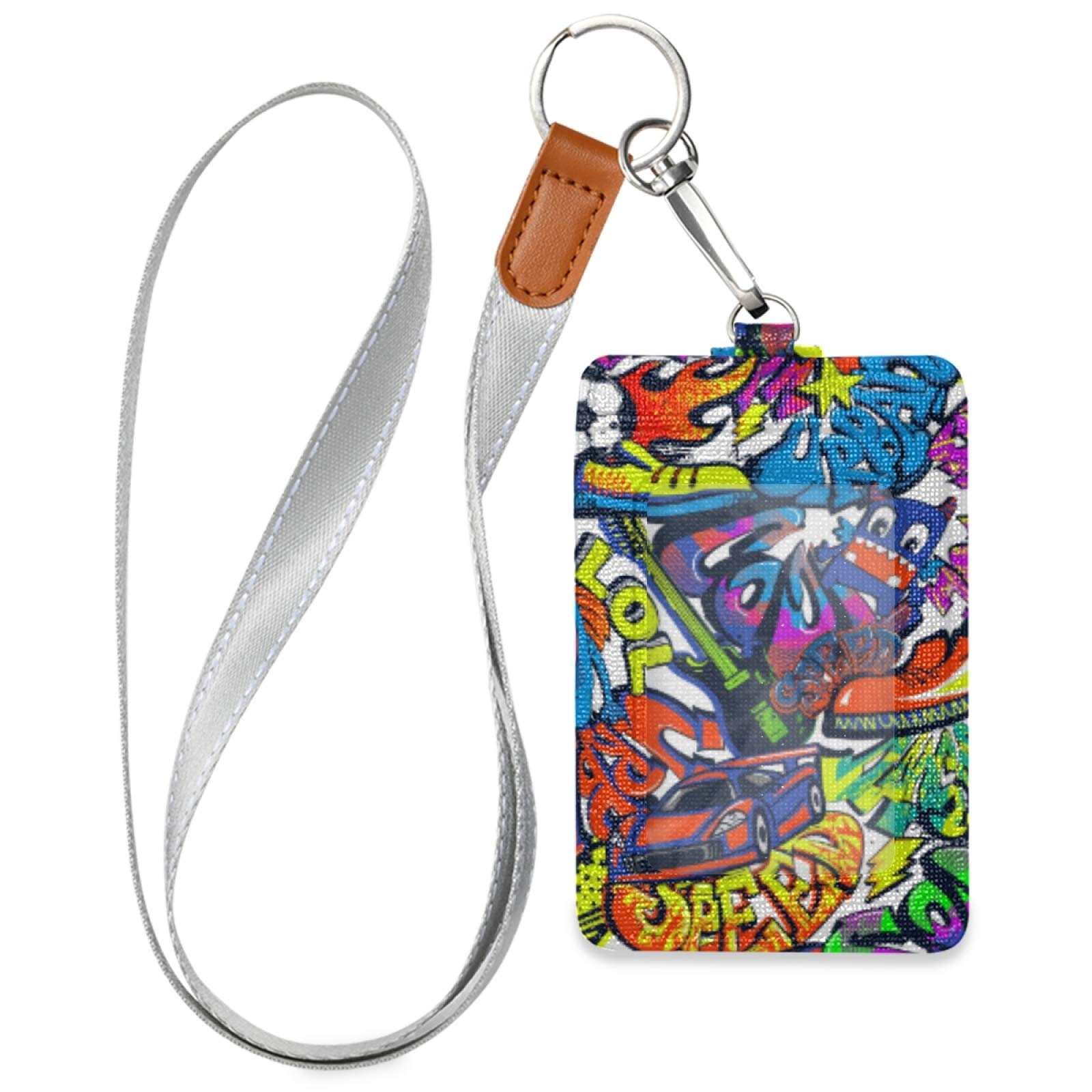 Abstract Grunge Graffiti Pattern Vertical Leather ID Badge Holder with Detachable Neck Lanyard - 1 Clear Plastic Window & 2 Card Slots for Office, School & Events - Stylish Name Tag Holder for Professionals, Teachers & Students