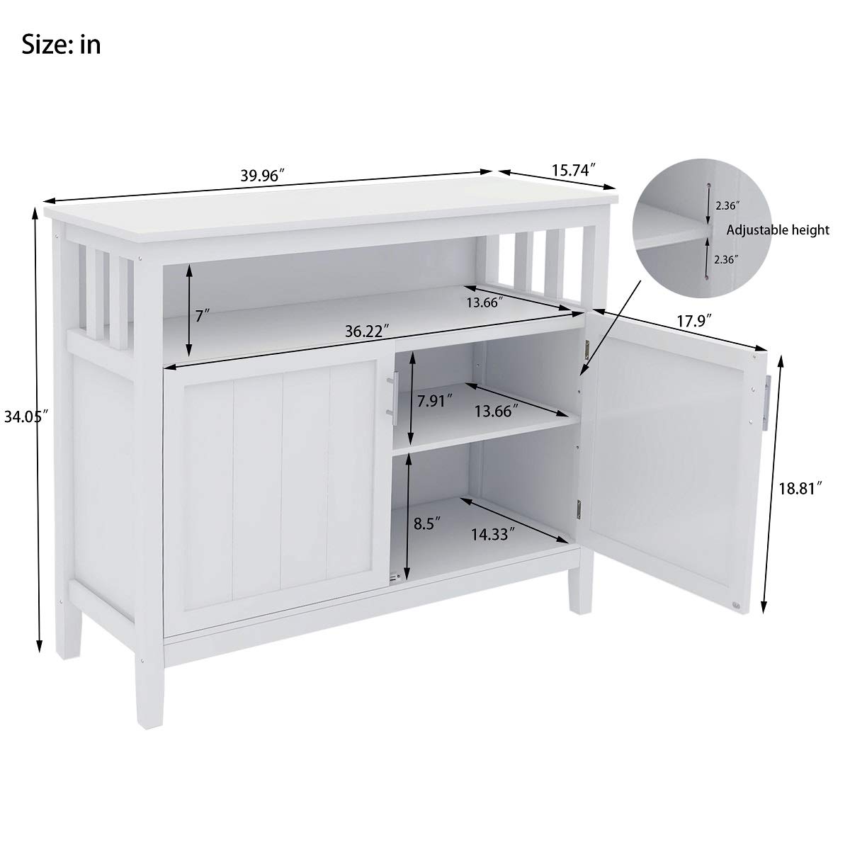 Modern Kitchen Storage Sideboard Buffet Server Cabinet with 2 Doors & Adjustable Shelf - White Dining Room Furniture for Kitchen, Bedroom, Living Room Storage & Organization