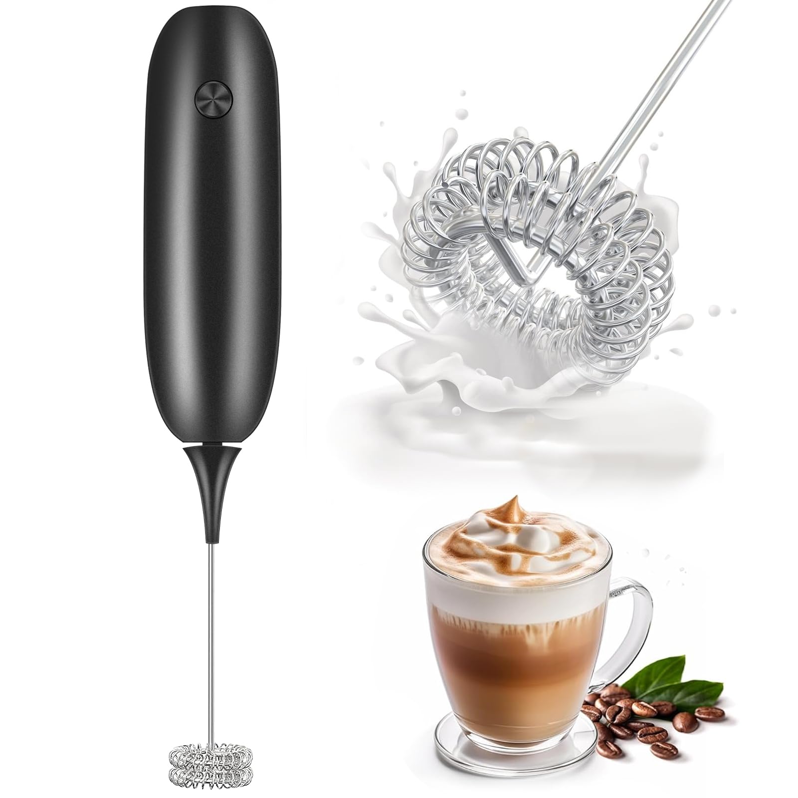 Electric Milk Frother Handheld - Battery Powered Drink Mixer & Foamer for Coffee, Latte, Cappuccino, Hot Chocolate - Portable Mini Whisk for Home, Office, Travel - Black