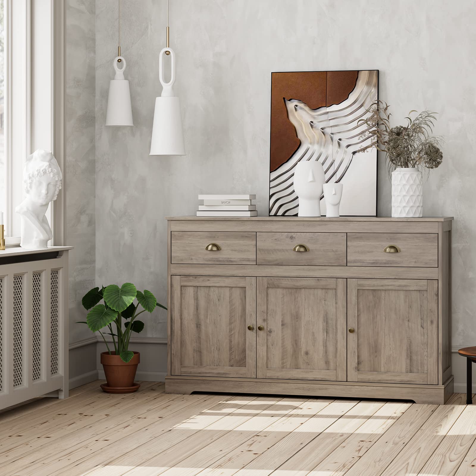 Keyluv Buffet Storage Cabinet - Farmhouse Style Sideboard with 3 Drawers & 3 Doors, Adjustable Shelves Console Table for Kitchen, Dining & Living Room - Grey Wash | Perfect for Wine Storage, Bar Server & Home Organization