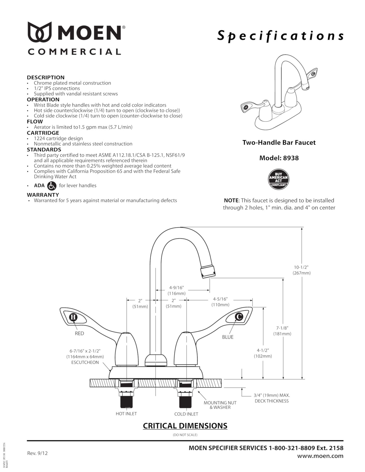 Moen 8938 M-Bition Commercial 2-Handle Bar or Pantry Faucet 1.5 GPM with Wing Handles, Chrome - Perfect for Restaurants, Bars, and Commercial Kitchens