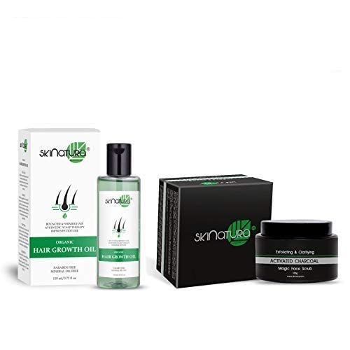 Skinatura Organic Hair Growth Oil for Thicker, Bouncier & Shinier Hair + Activated Charcoal Face Scrub for Deep Exfoliation & Pore Cleansing | 2-in-1 Beauty Combo Pack for Men & Women | Perfect for Daily Hair Care & Weekly Skin Detox