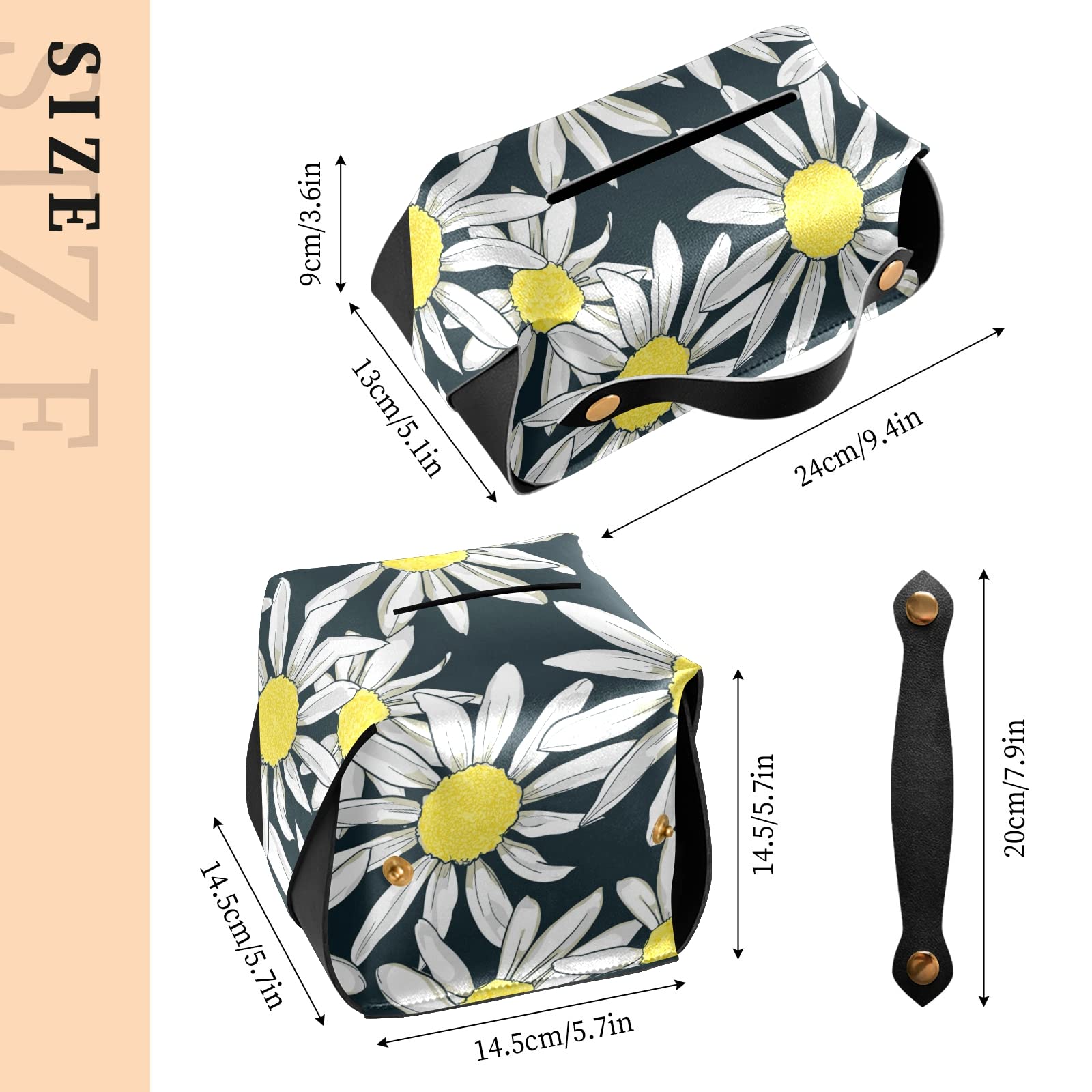 Chamomile PU Leather Tissue Box Cover - Rectangular Decorative Toilet Paper Holder with Handle for Bathroom, Living Room & Bedroom - Home Decor Organizer