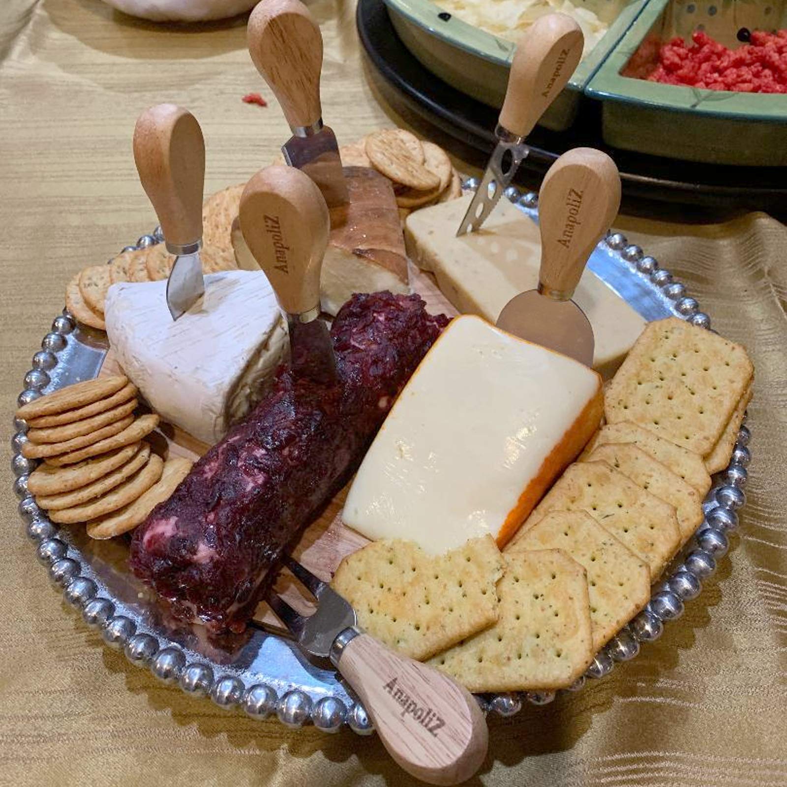 AnapoliZ 6-Piece Stainless Steel Cheese Knife Set with Wooden Handles - Includes Narrow Plane Knife, Cheese Fork, Small Spade, Spreader, Shaver & Open Work Blade - Perfect for Gourmet Cheese Boards, Wine Pairings & Dinner Parties
