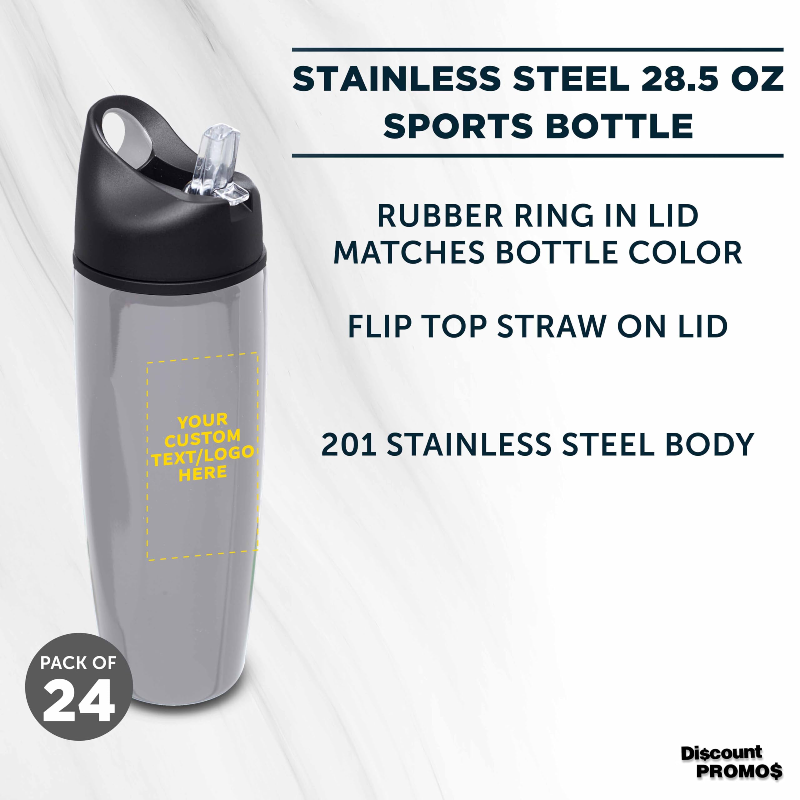 Custom Stainless Steel Water Bottle 24 Pack - Personalized Text & Logo - 28.5 oz Metal Sports Bottles with Flip Top Lid - Easy Carry Handle - Silver - Perfect for Team Sports, Gym, Outdoor Activities & Corporate Gifts