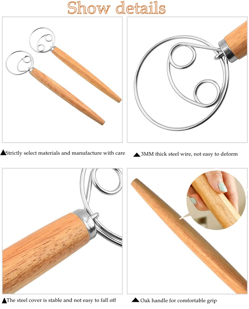 2 Pack 13 Inch Stainless Steel Danish Dough Whisk - Professional Bread Baking Tool for Bread, Pastry, Dumpling & Pizza Dough - Perfect for Home Bakers & Commercial Kitchens