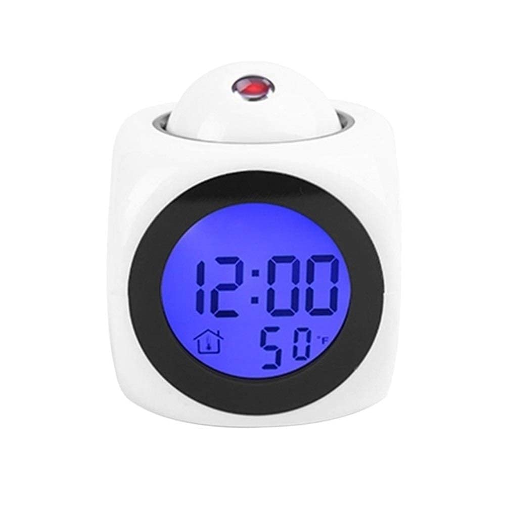 Adjustable LCD Projection Alarm Clock with Voice Control, Temperature Display & Backlit - White Square Design for Bedroom, Office Desk, and Shelf - Perfect for Home, Travel, and Gift Giving