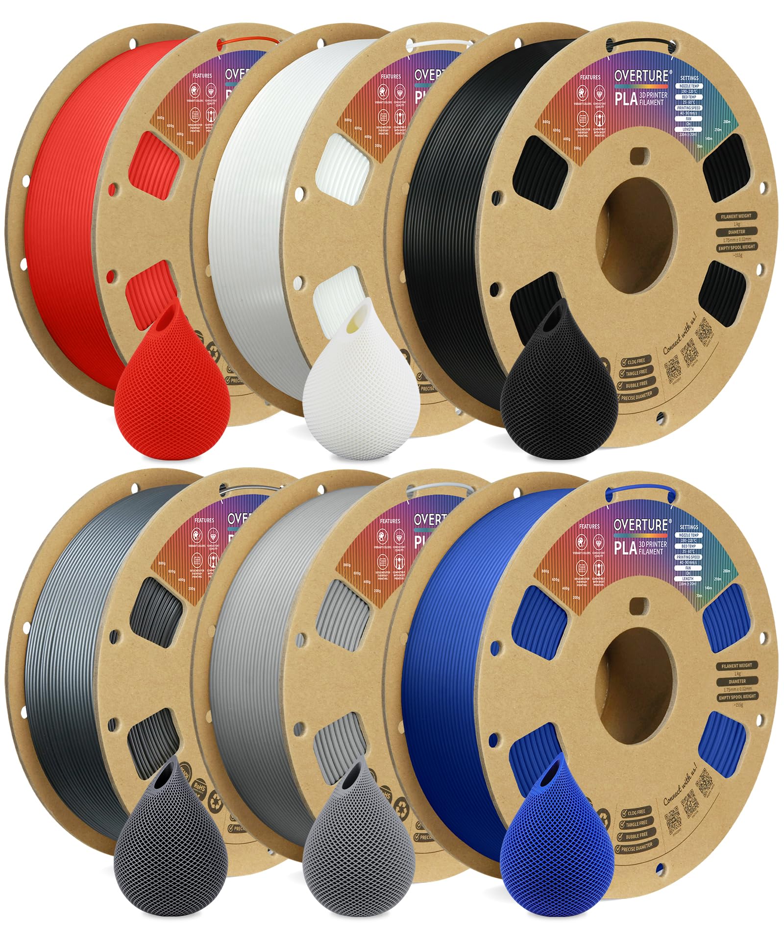 Overture PLA Filament 1.75mm 3D Printer Filament - 6kg (13.2lbs) Cardboard Spool, ±0.02mm Dimensional Accuracy, Compatible with Most FDM Printers (6 Colors) - Perfect for Home DIY, Cosplay Props, and Educational 3D Printing Projects