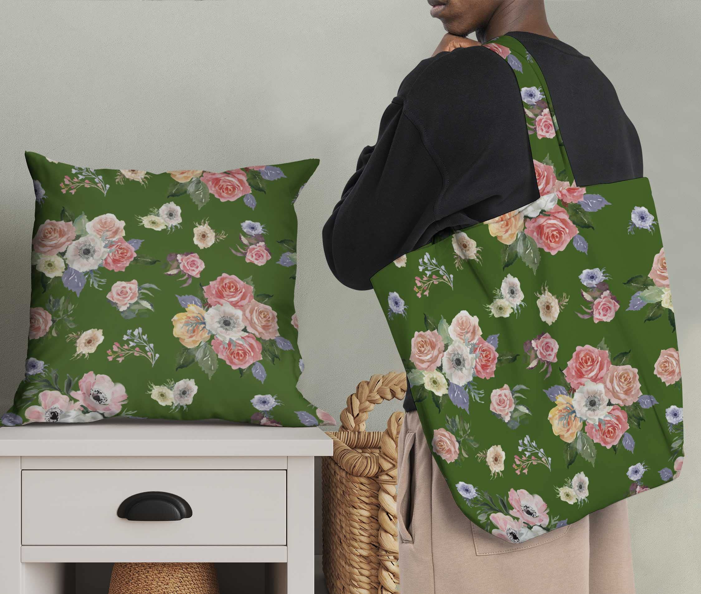 Soimoi Moss Georgette Green Fabric by The Yard - 42 Inch Wide Floral Printed Fabric with Anemone & Roses Botanical Design for DIY Crafts, Dresses, Curtains, Home Decor and Sewing Projects