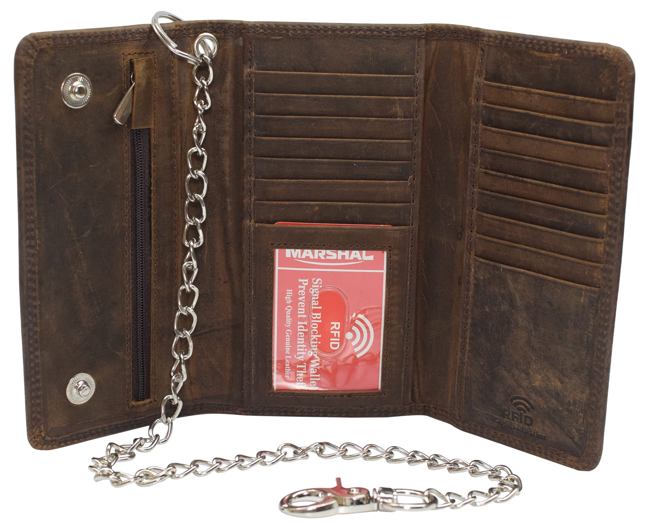 RFID Blocking Vintage Tri-Fold Men's Wallet - Genuine Cow Leather with Chain Card Holder (Brown) | Perfect for Travel, Business & Everyday Use