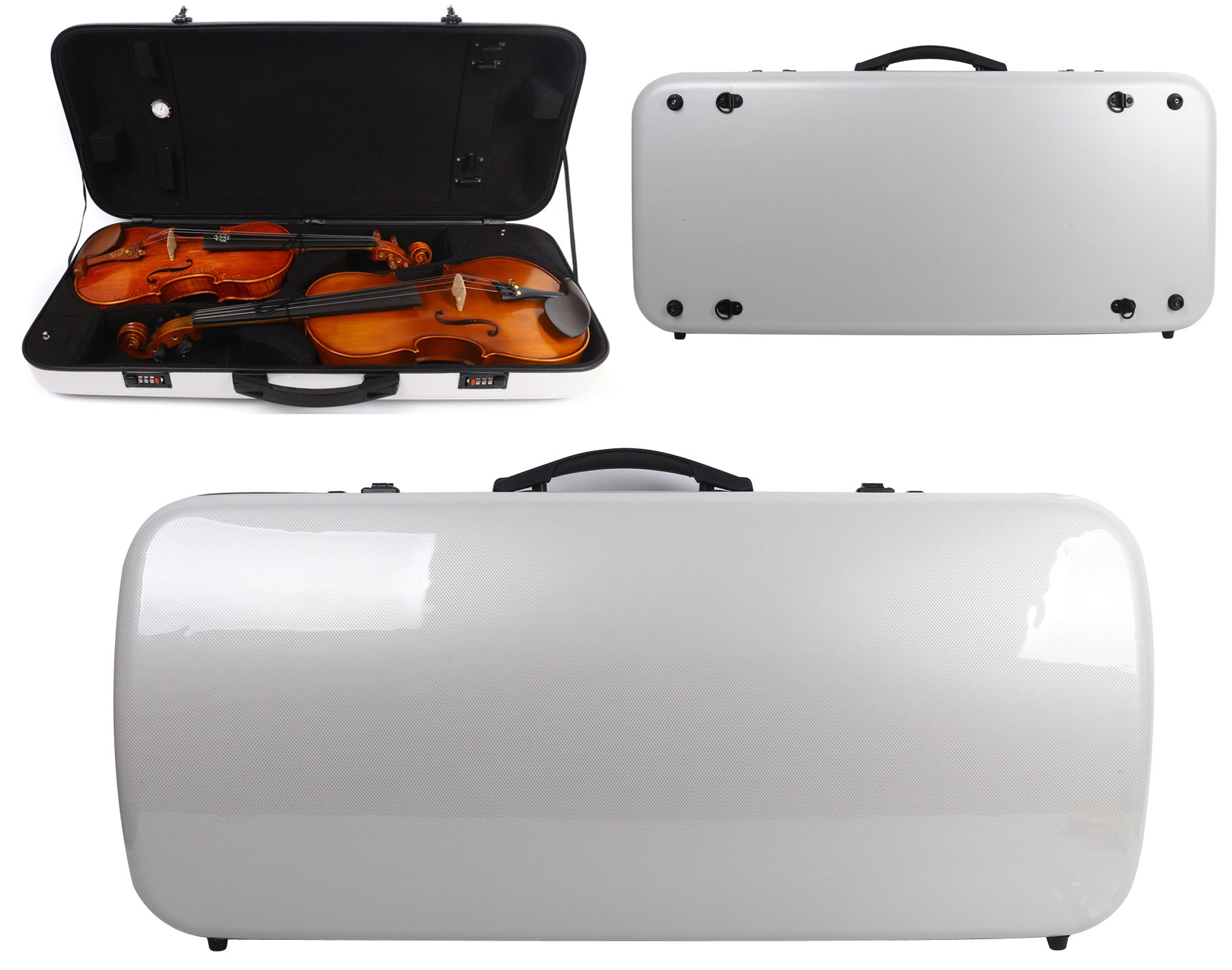 Yinfente Double Violin/Viola Case - Carbon Fiber 4/4 Full Size Black & White (White) - Durable Protection for Musicians | Perfect for Travel & Performances