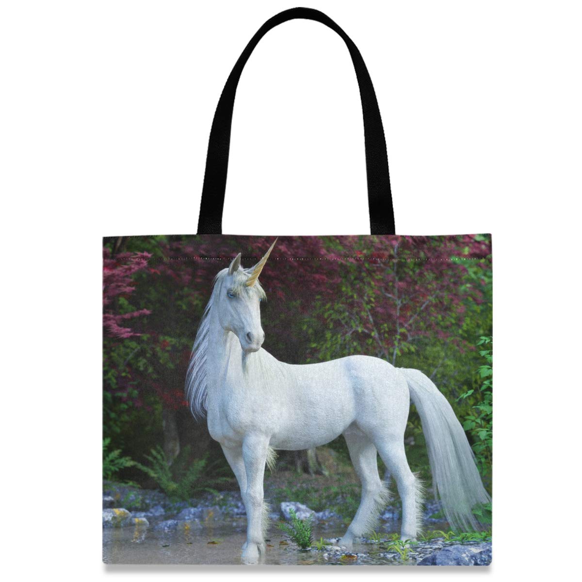 Mythical White Unicorn Canvas Tote Bag for Women - Large Reusable Grocery Shopping Bag with Durable Handles for Work, Beach & Everyday Use | Eco-Friendly Carryall for Work Commute, Farmers Market & Travel Accessories
