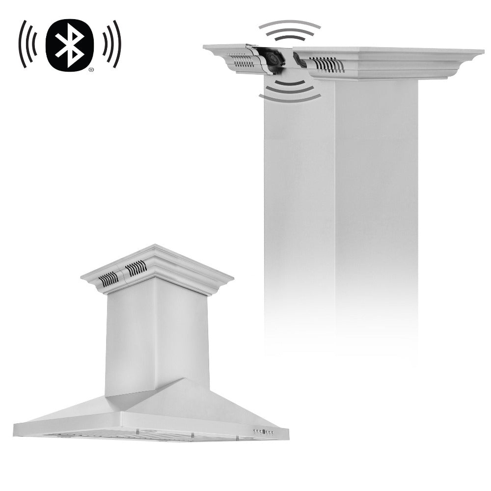 ZLINE GL1iCRN BT Stainless Steel Ducted Vent Island Mount Range Hood with Built-in CrownSound Bluetooth Speakers - Professional Kitchen Ventilation for Home Chefs & Entertaining