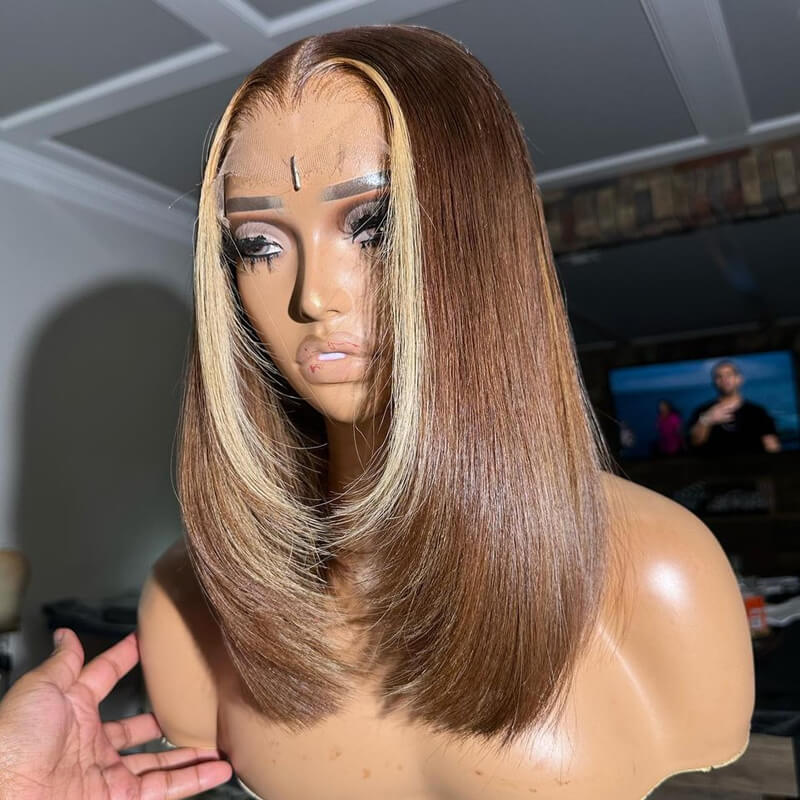 Brown With Blonde Straight Layered Cut